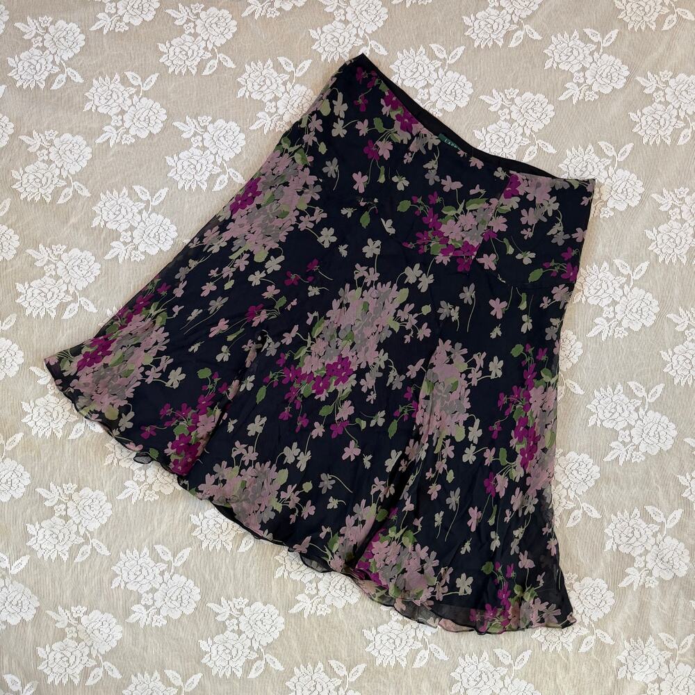 Lauren Ralph Lauren 100% Silk Floral Midi Skirt Size 12
